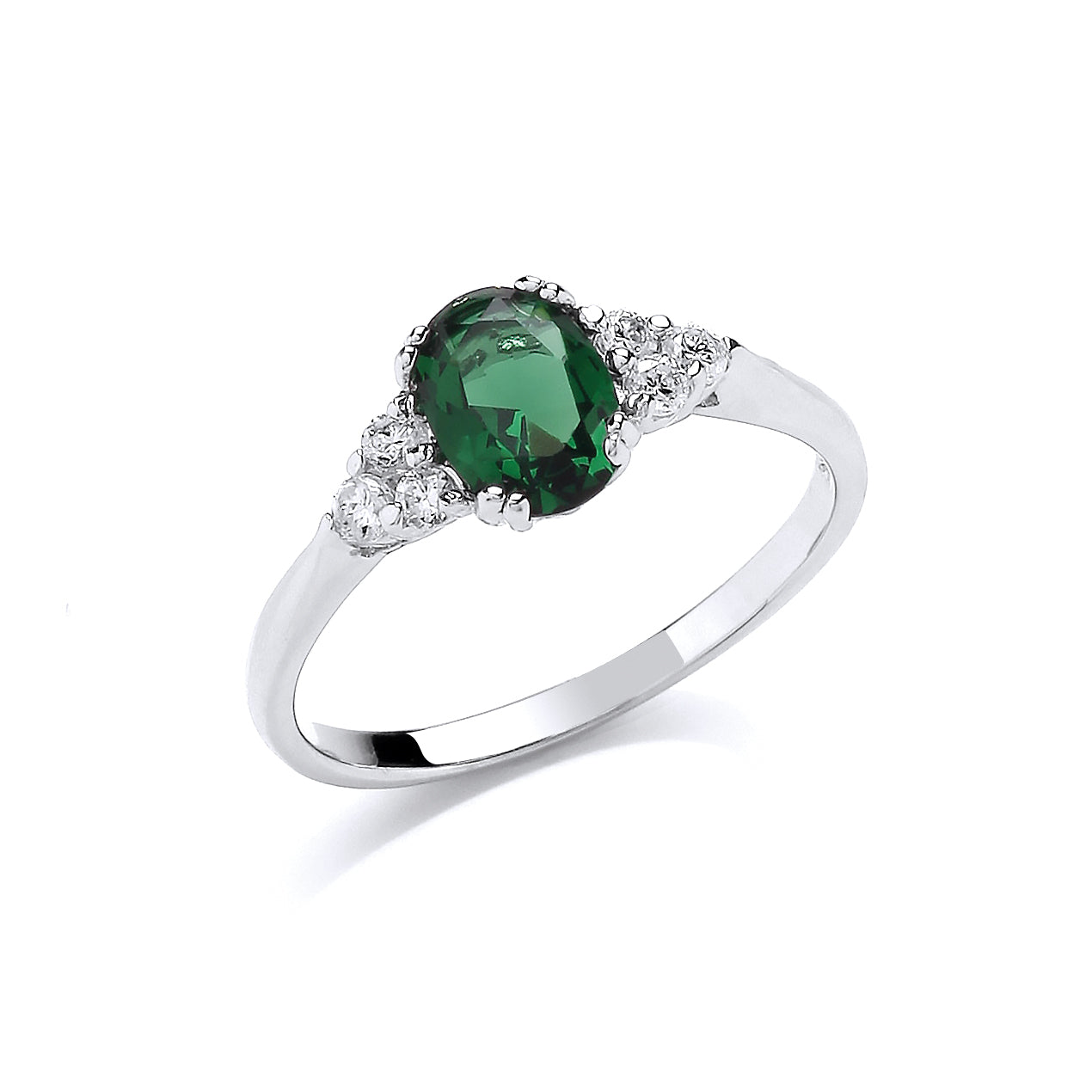 Sterling Silver Oval Green Stone Ring with CZ Clustered Side Stones