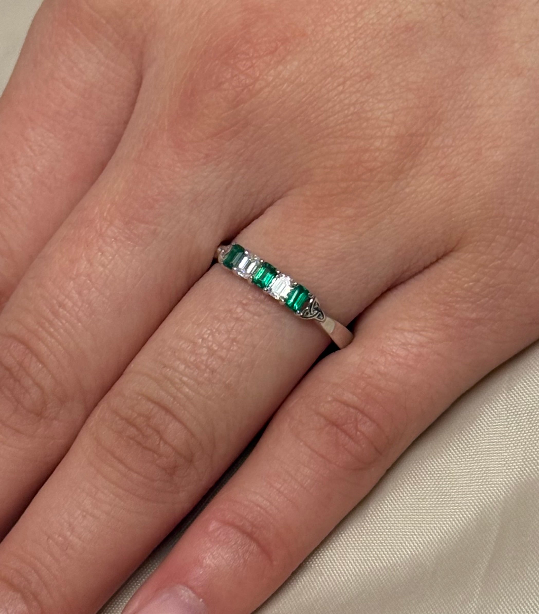 9K White Gold Five Stone Emerald Cut Laboratory Grown Emerald and Diamond Ring with Trinity Accent