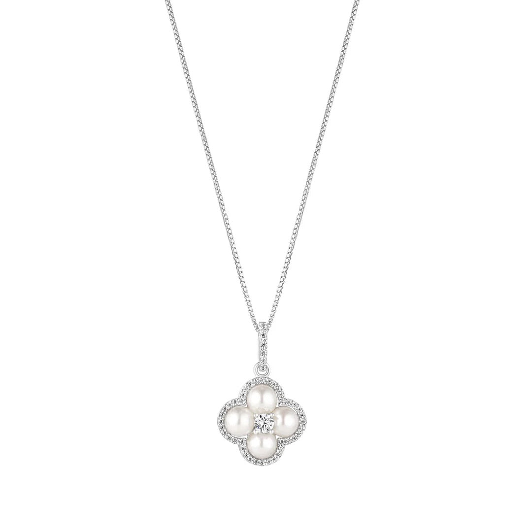 Sterling Silver Pearl & Cz Clover Pendant