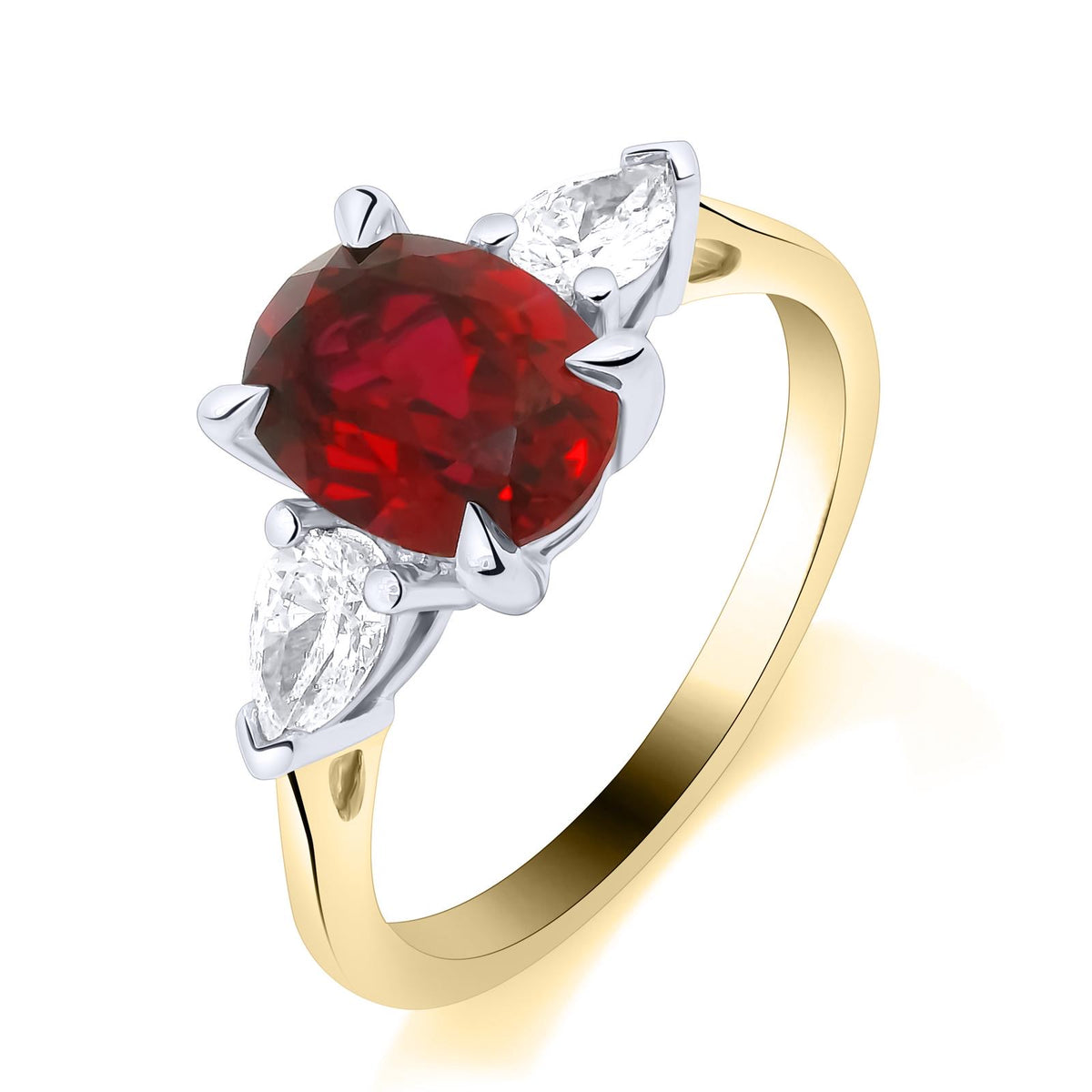 9ct Yellow Gold Lab Grown Ruby and Diamond Oval and Pear Three Stone Ring