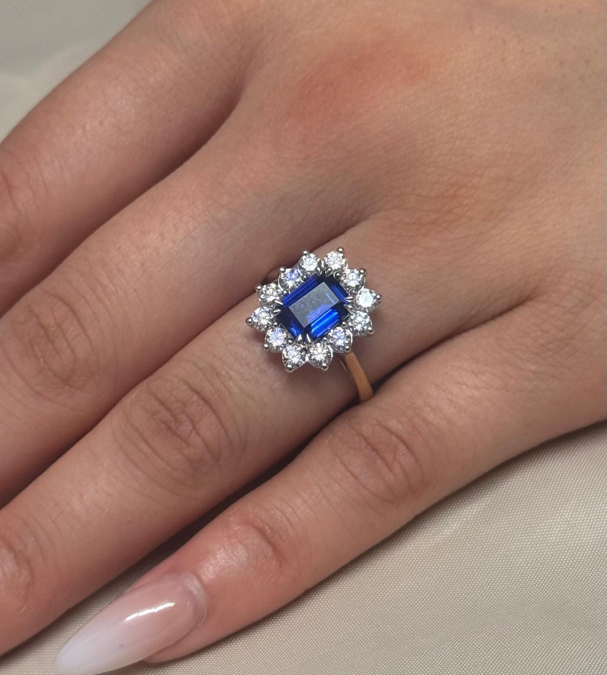 9ct Yellow Gold Lab Grown Emerald Cut Sapphire and Diamond Cluster Ring