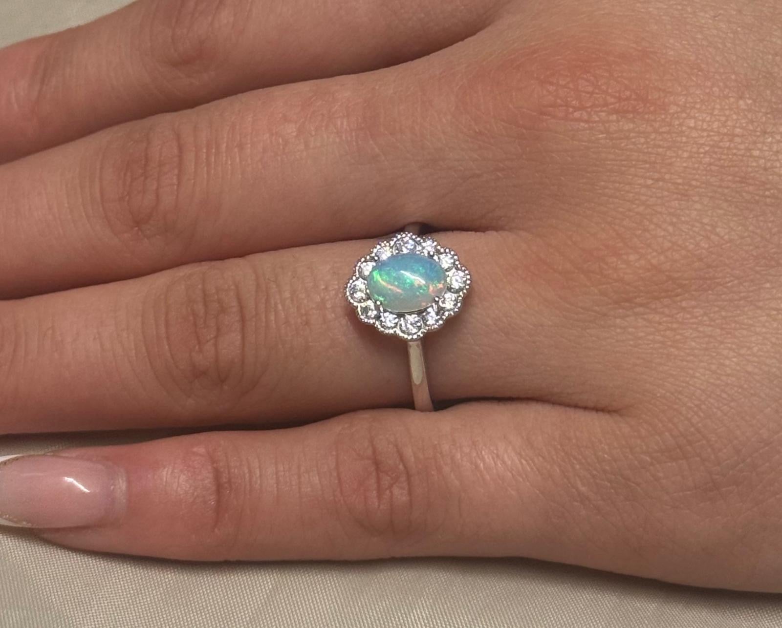 9K White Gold Opal and CZ Cluster Ring