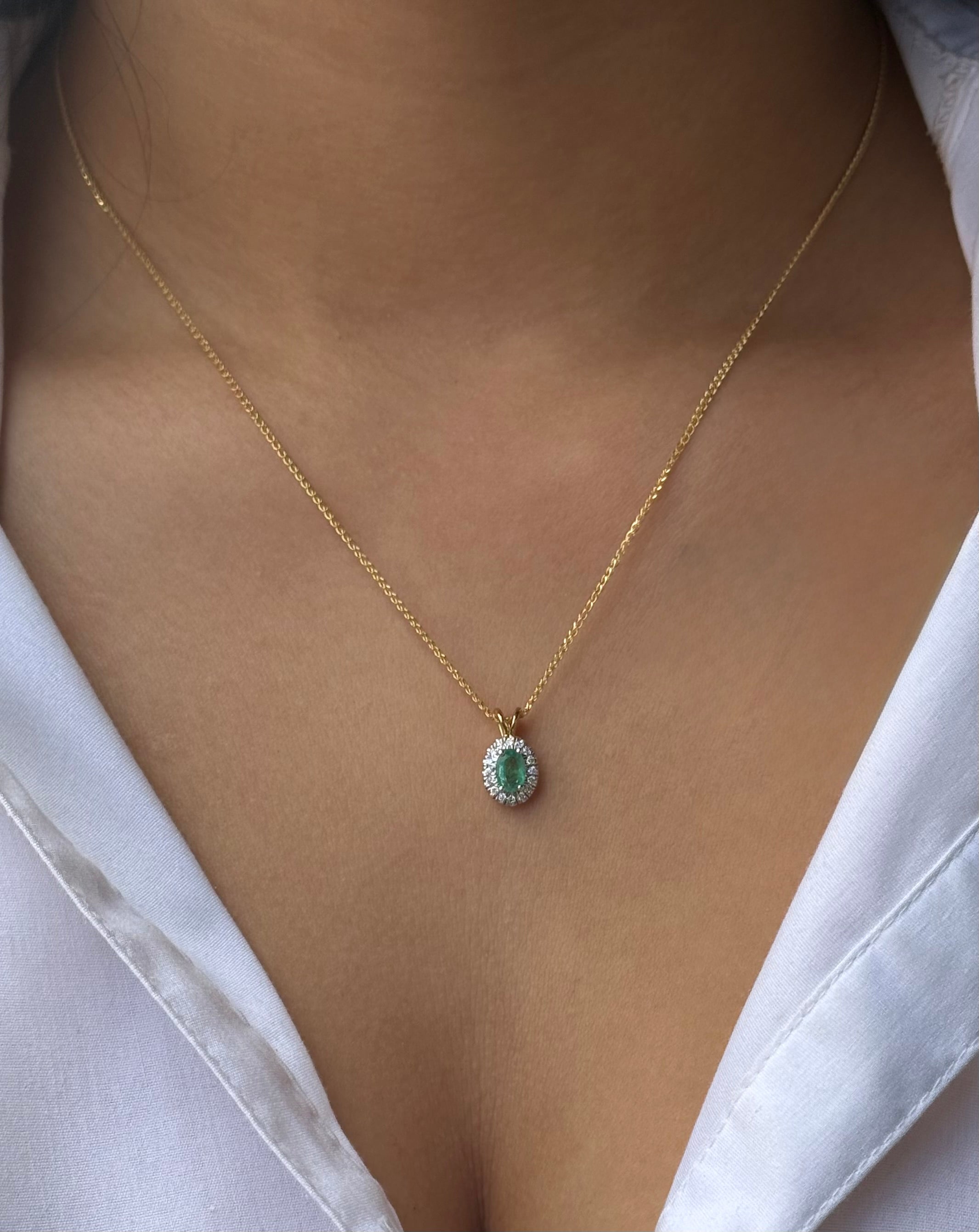 9ct Yellow Gold Emerald & Diamond Oval Halo Necklace