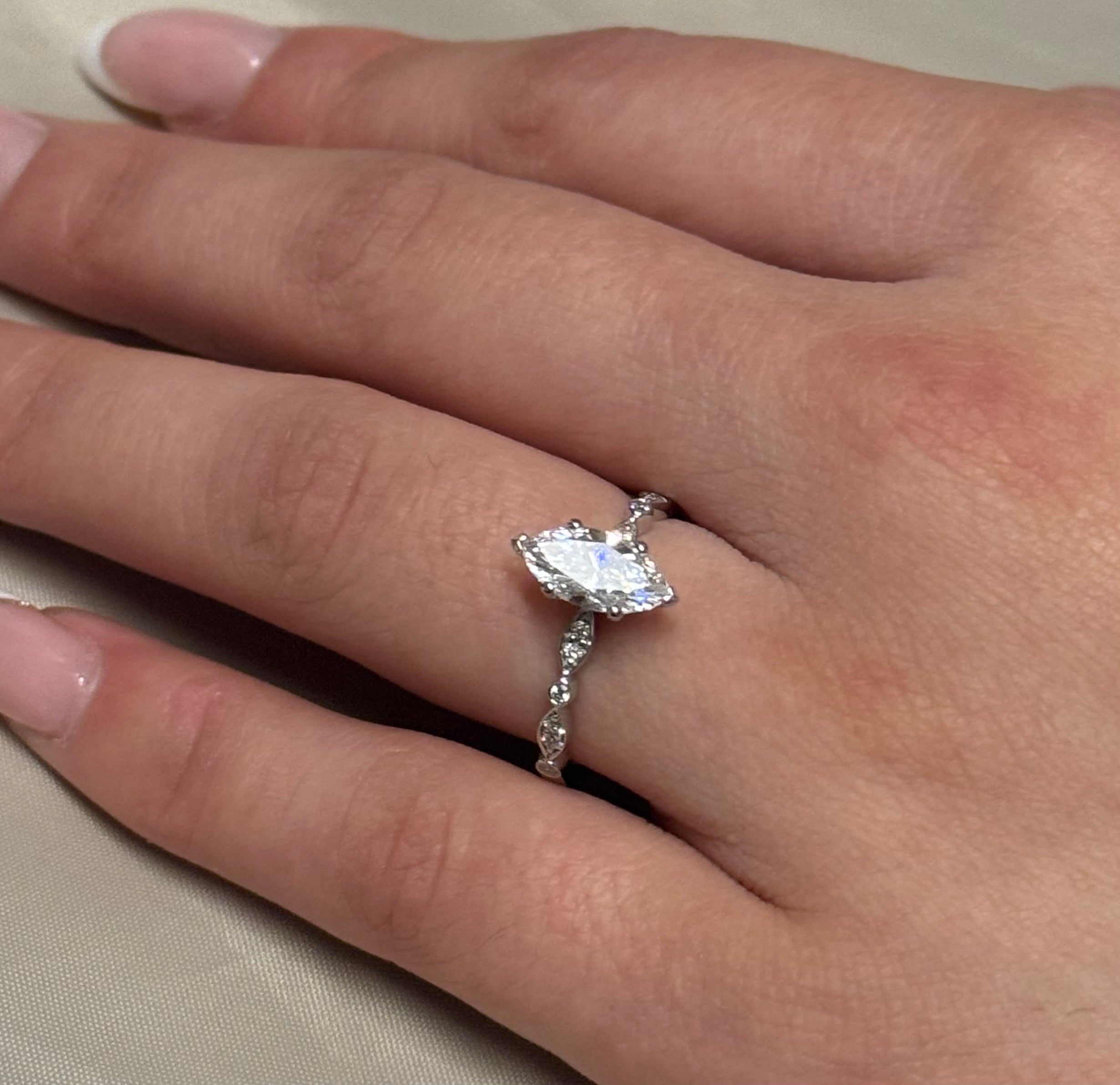 9K White Gold 1ct Marquise Laboratory Grown Diamond Ring with Fancy Band