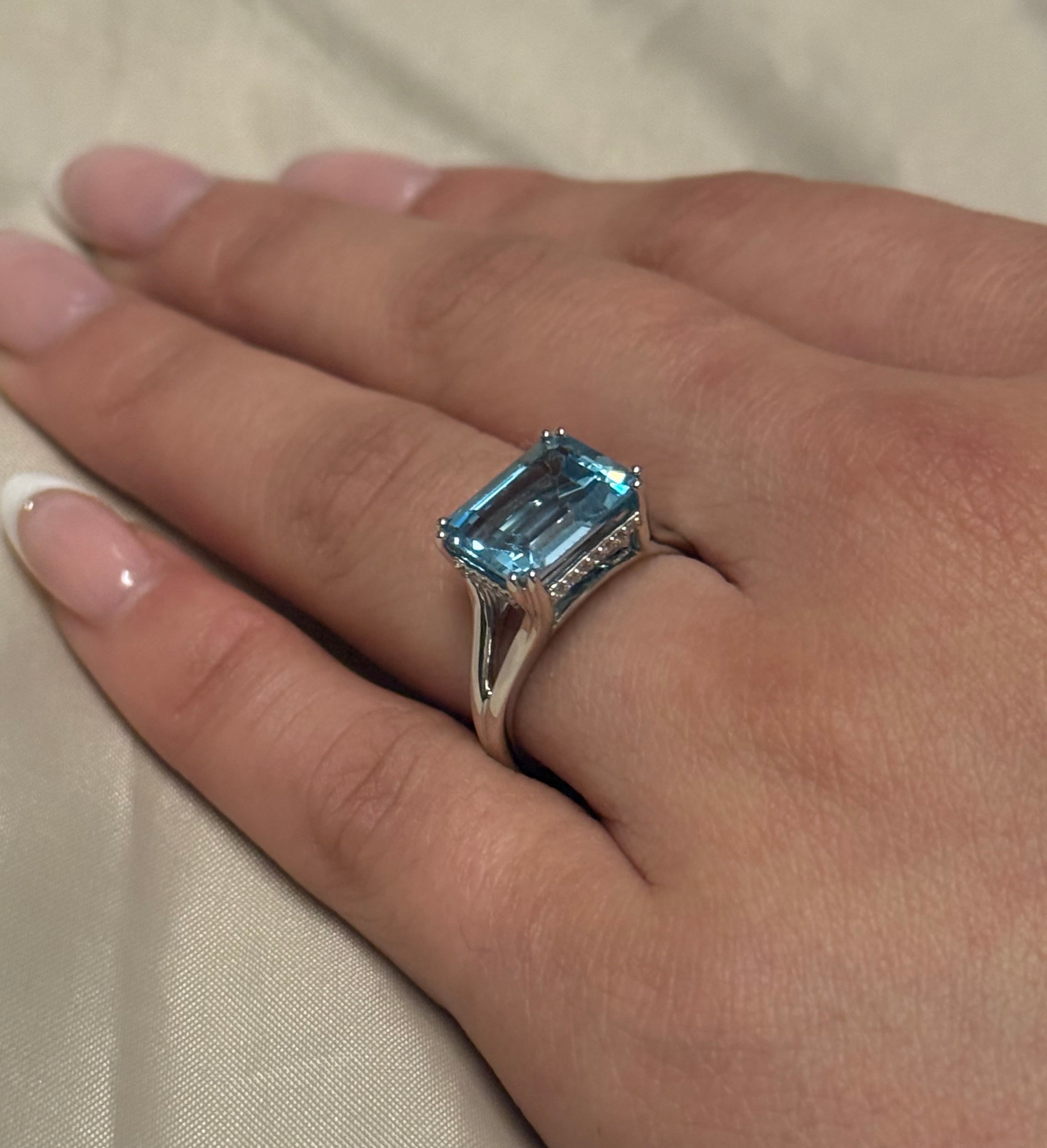 9K White Gold East West Blue Topaz with Diamond Hidden Halo