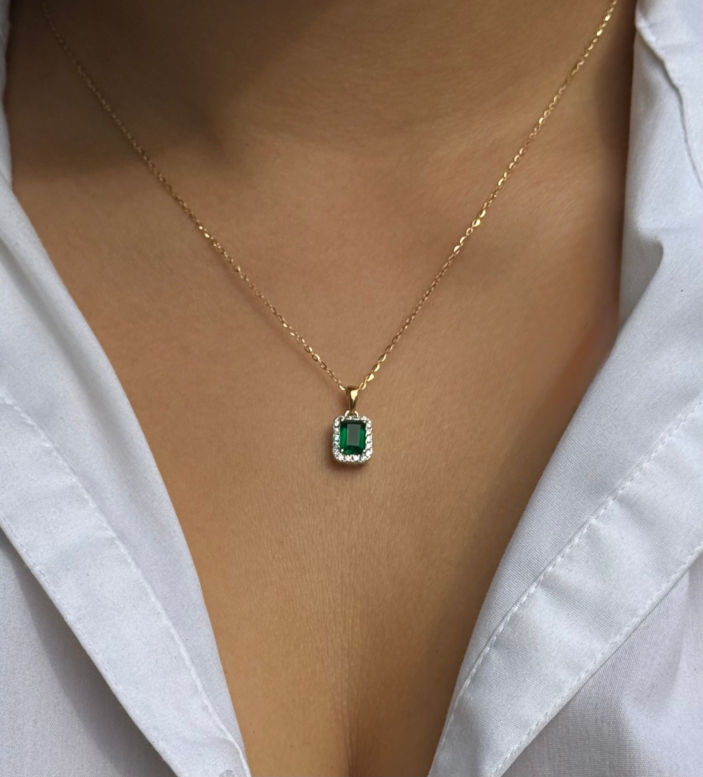 9ct Yellow Gold Green Stone CZ Emerald Cut Halo Pendant
