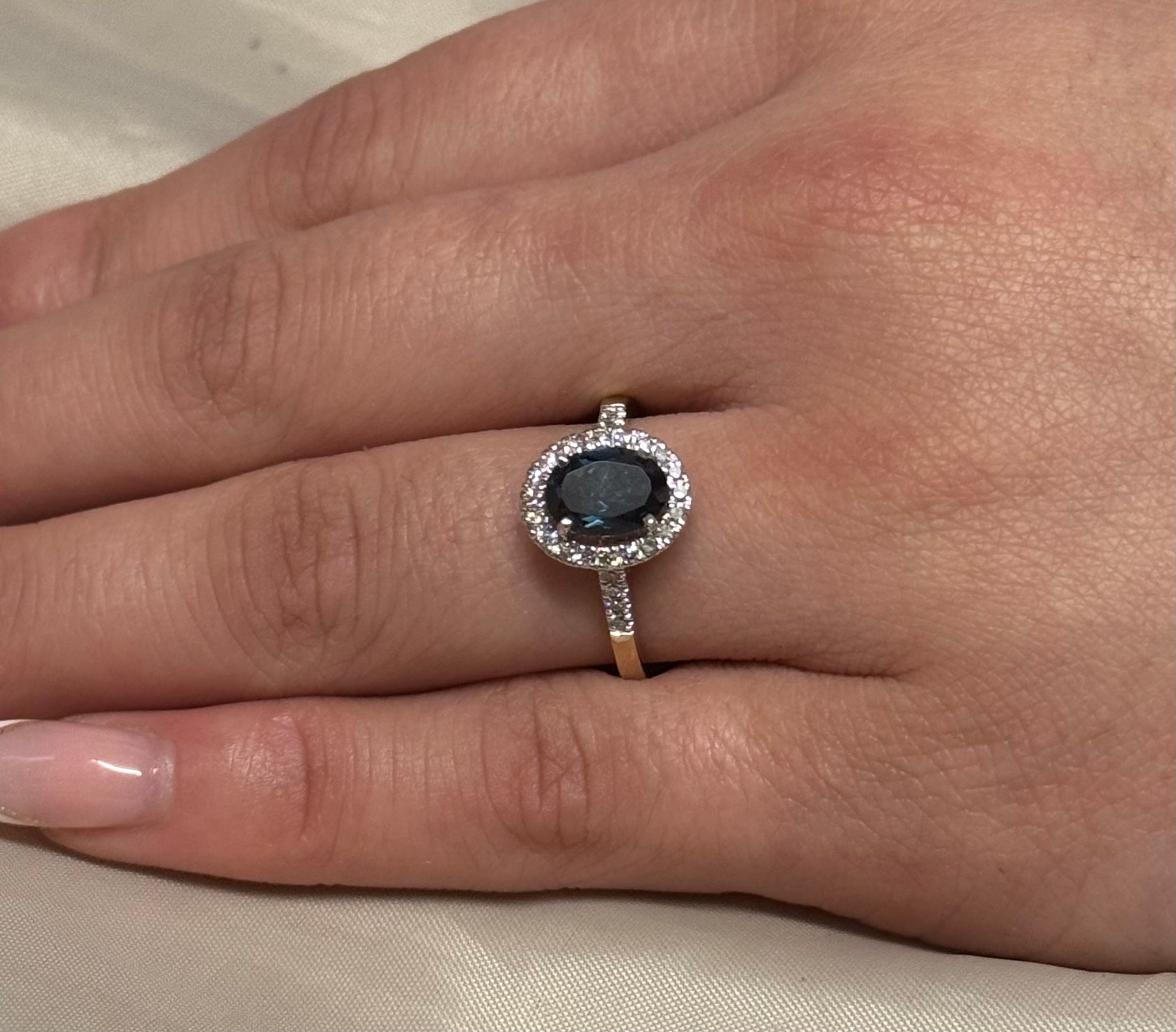9K Yellow Gold Oval London Blue Topaz with Diamond Halo