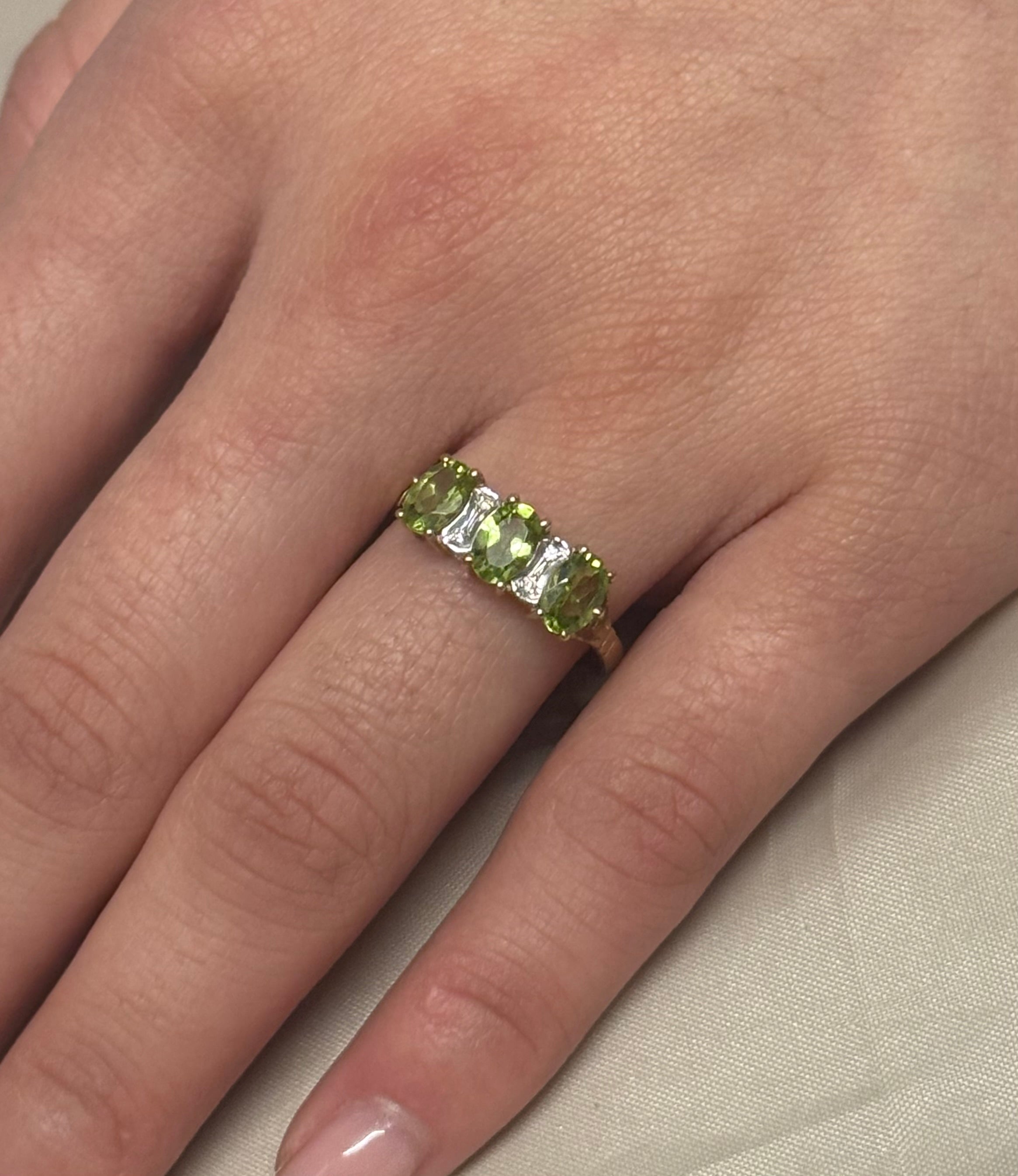 9K Yellow Gold Three Stone Peridot with Diamond Accents