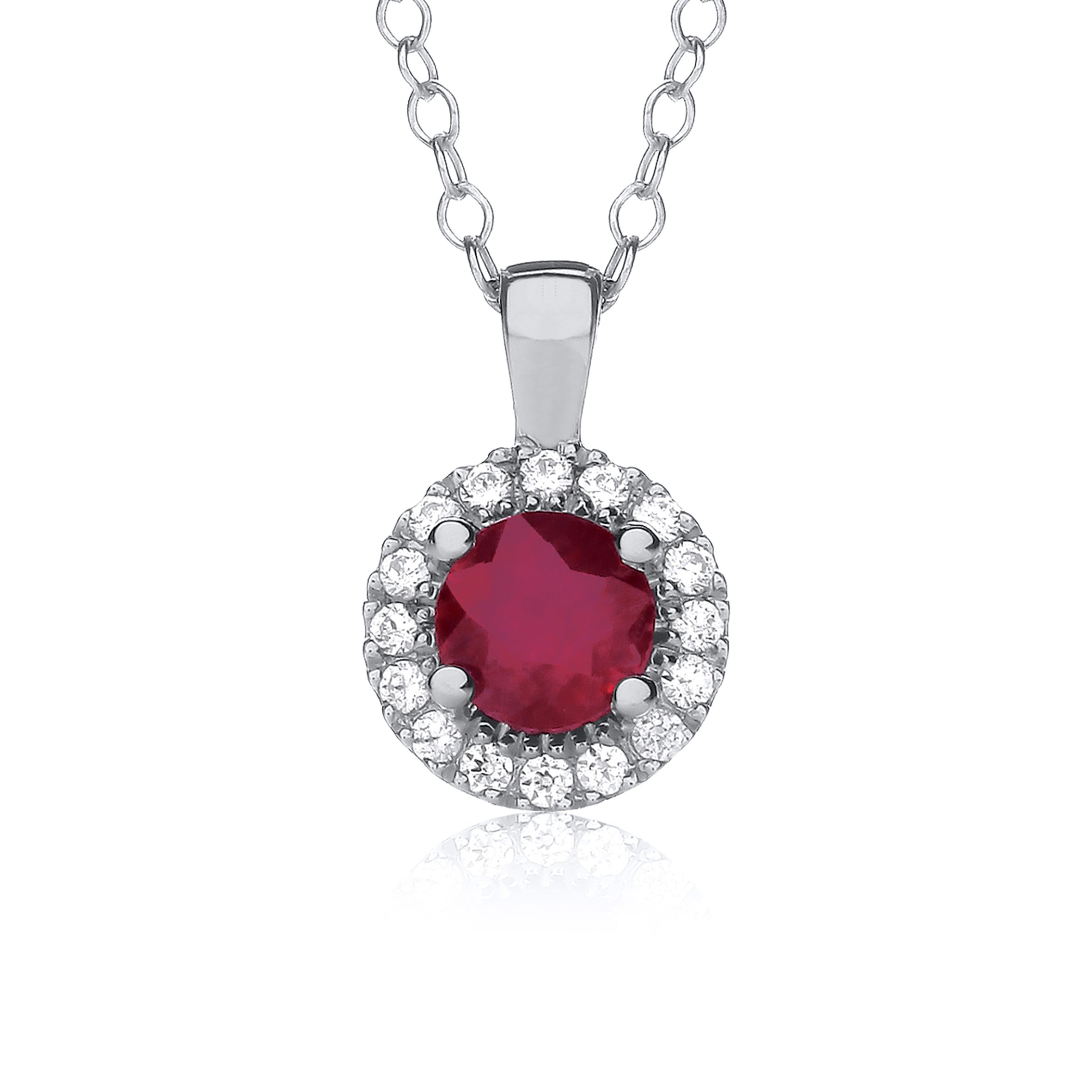 9ct White Gold Ruby & Diamond Halo Necklace