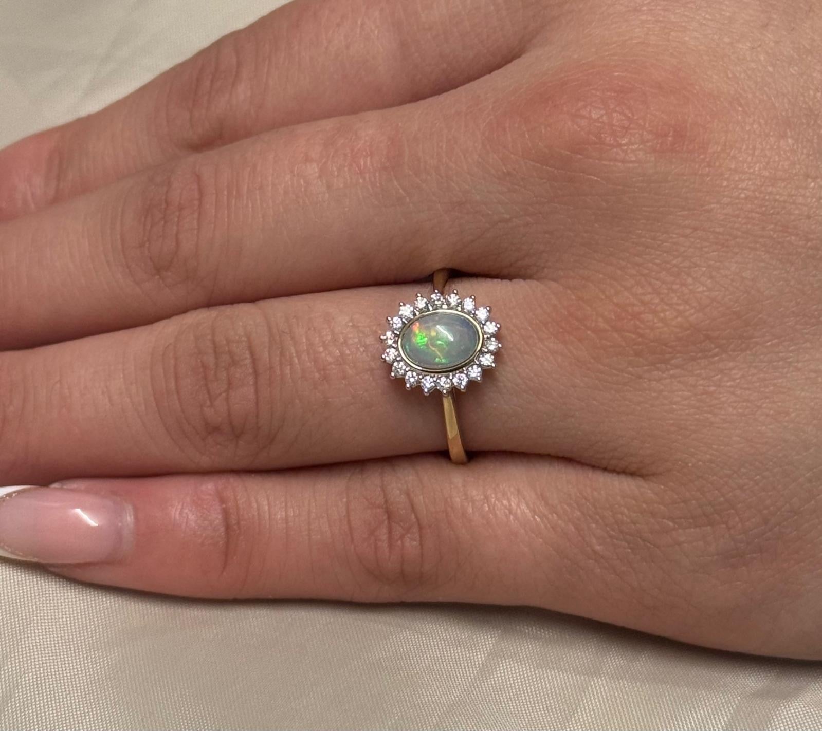 9K Yellow Gold Opal and Diamond Cluster Ring