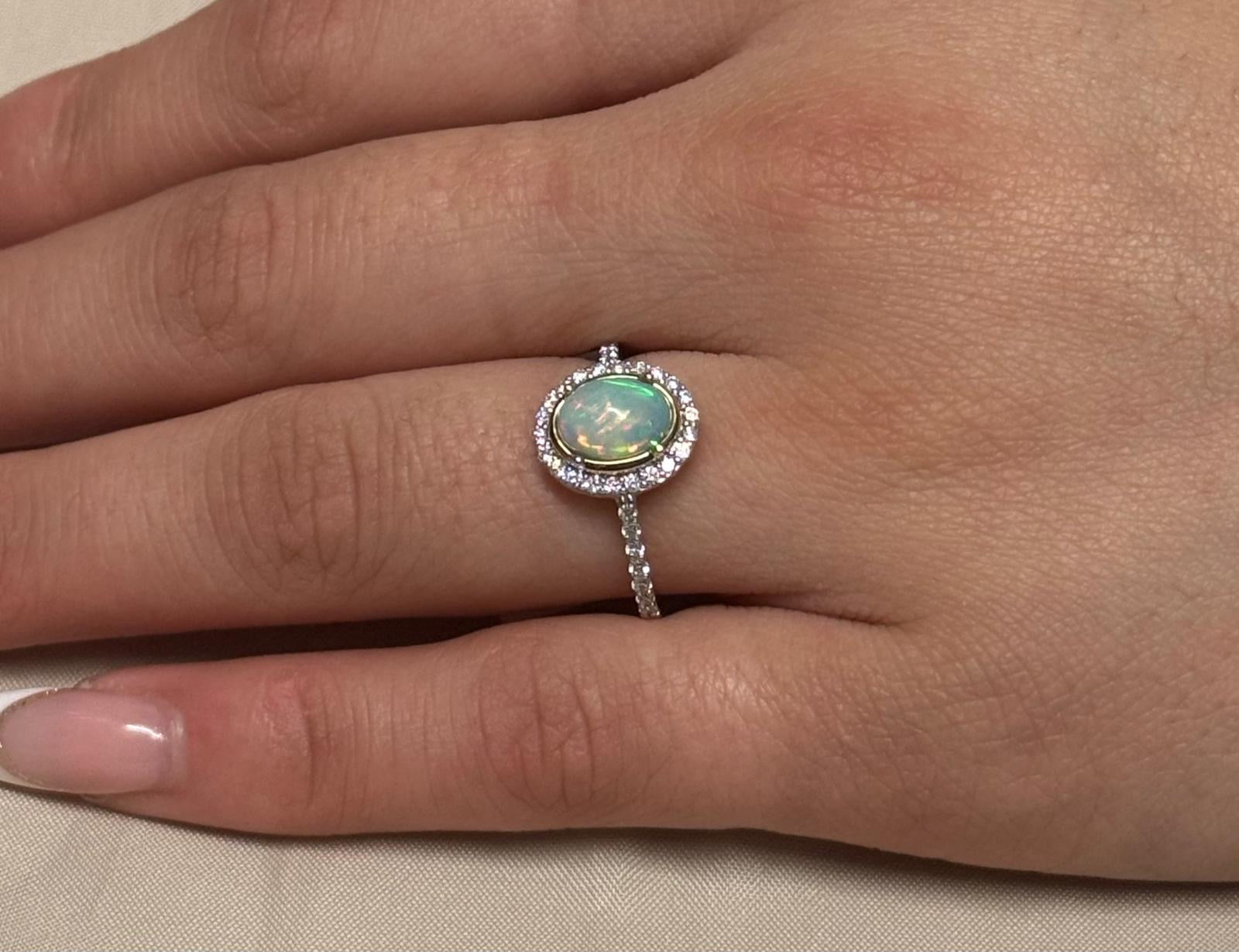 9K Yellow Gold Oval Opal with Diamond Halo and Band