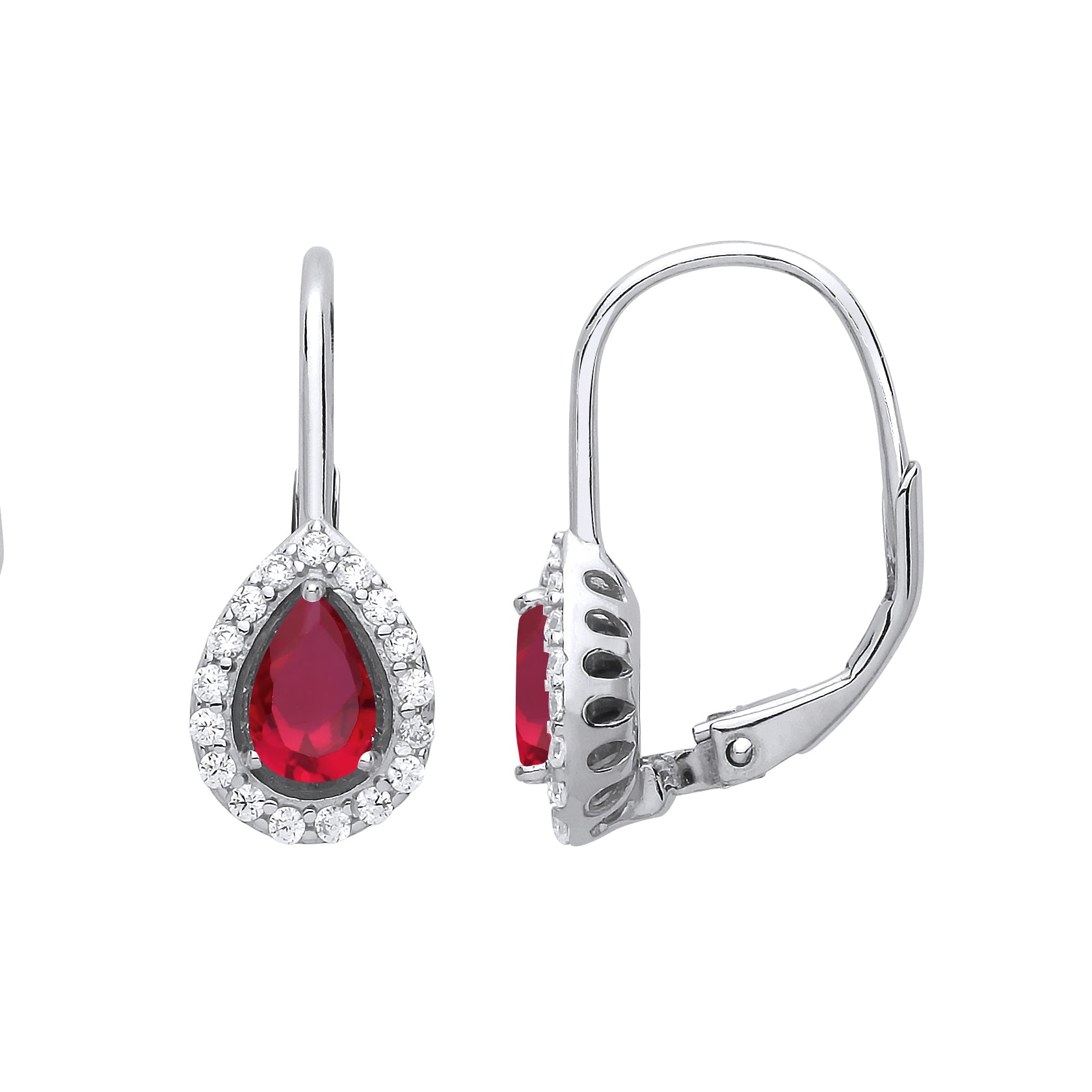 Sterling Silver Red Cz Pear Earrings