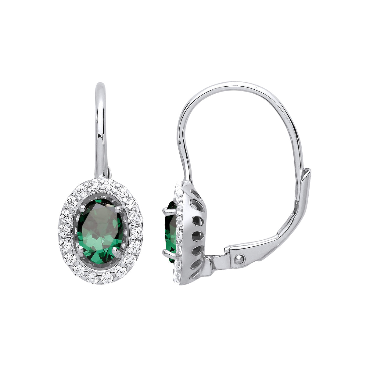 Sterling Silver Green Cz Oval Drop Earrings