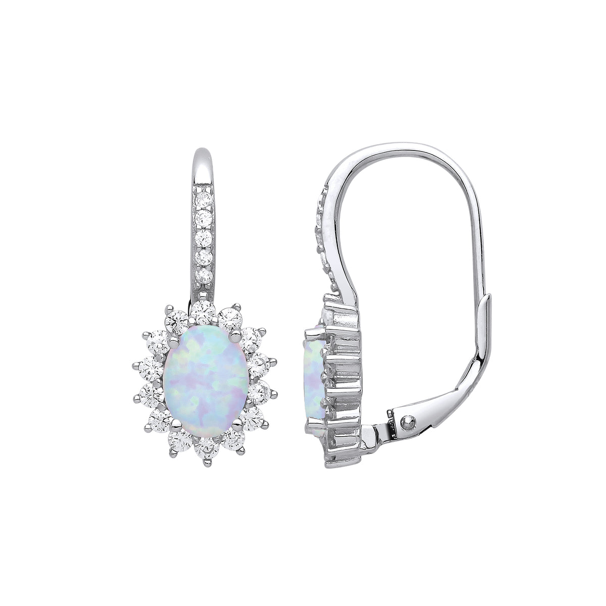 Sterling Silver Opal Cz Cluster Drop Earrings